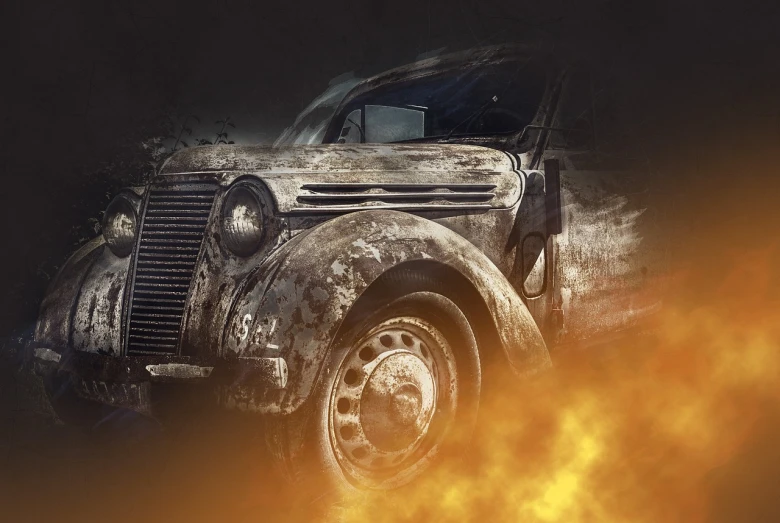 an old truck with a lot of smoke coming out of it, concept art, trending on pixabay, auto-destructive art, flaming background, old abandoned car sinking, in style of dieselpunk, background image