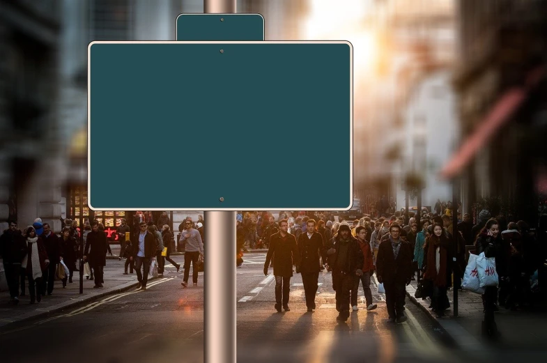 a group of people walking down a city street, a poster, by Kurt Roesch, shutterstock, road street signs, solid background, stock photo