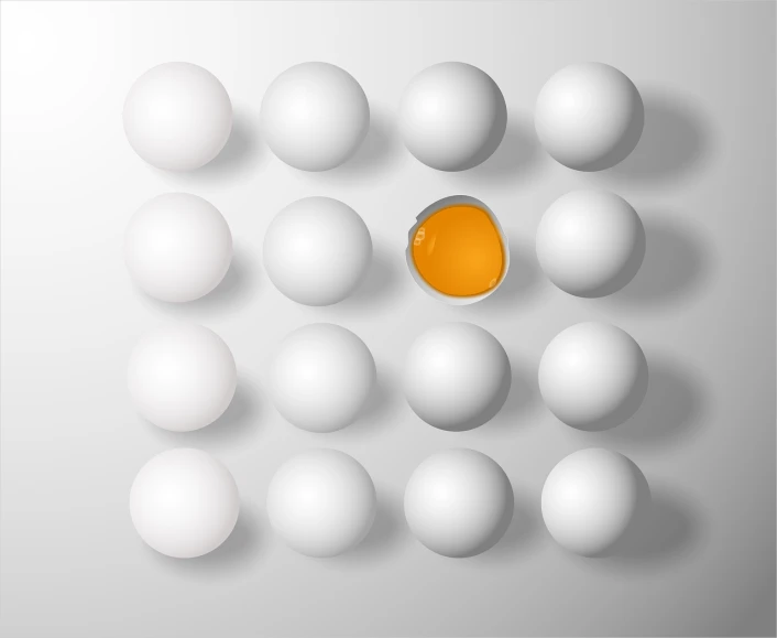 an orange egg in the middle of a group of white eggs, an illustration of, inspired by Agnes Martin, conceptual art, volumetric light from above, cups and balls, photorealistic illustration, golden ration
