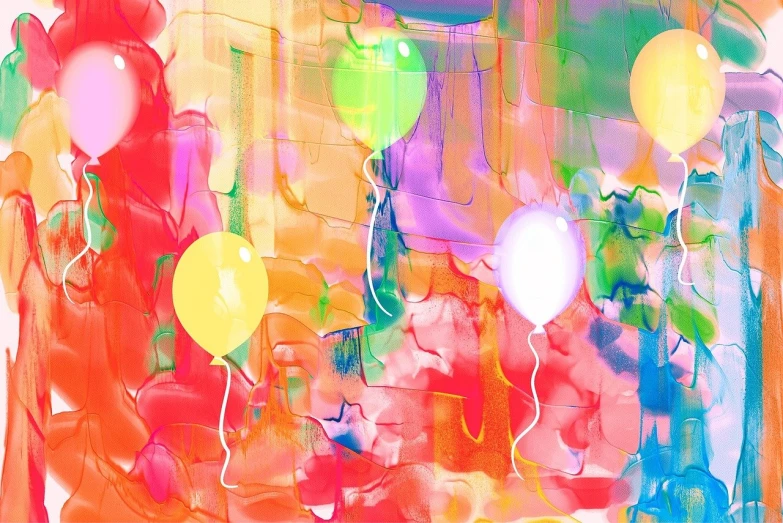 a bunch of balloons floating in the air, a digital painting, inspired by Hans Hofmann, neo-fauvism, at a birthday party, abstract illustration, a digital dreamscape, happy!!!