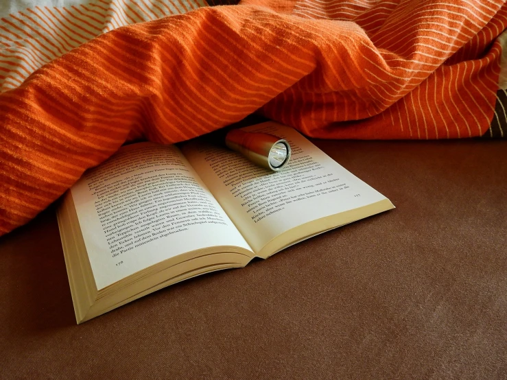 an open book with a magnifying lou lou lou lou lou lou lou lou lou lou lou lou lou lou lou lou lou lou lou lou, by Dietmar Damerau, pixabay, figuration libre, lying in bed!!!! blanket, orange lamp, cozy calm! fabrics textiles, wearing an orange t-shirt