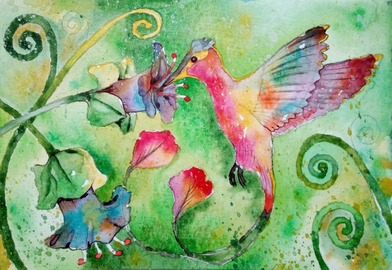 a watercolor painting of a hummingbird and flowers, a watercolor painting, inspired by Richard Doyle, shutterstock contest winner, metaphysical painting, playful!!!, acryl on canvas, alebrijes aesthetic, kiss