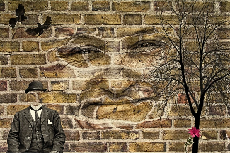 a man standing in front of a brick wall, inspired by Francisco Oller, trending on pixabay, street art, fractal face, harmony of nature, rene magritte. detailed, focus on generate the face