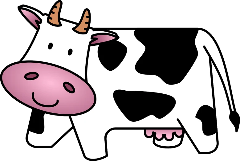 a black and white cow with a pink nose, a cartoon, pixabay, andy milonakis as a goat, no gradients, white with black spots, random cows
