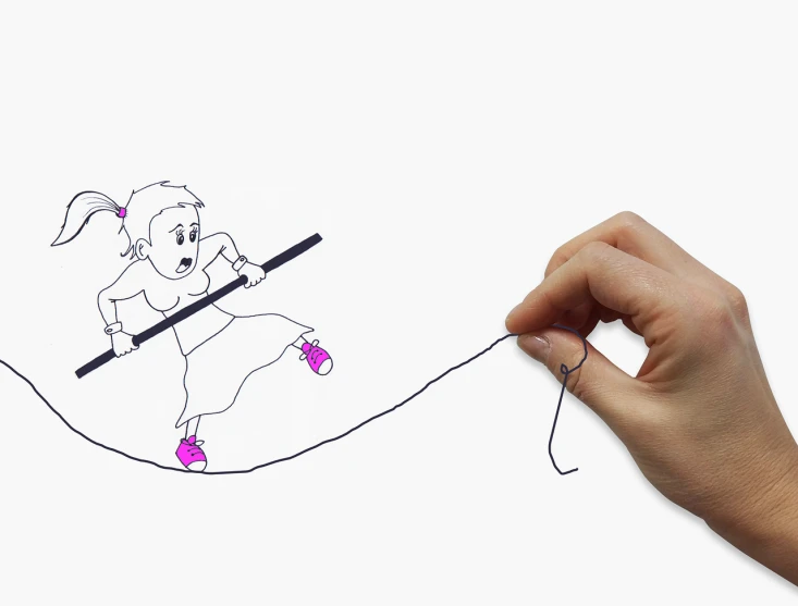 a child's drawing of a girl on a rope, trending on pixabay, small steps leading down, clean thick line, action perspective concept, string puppet