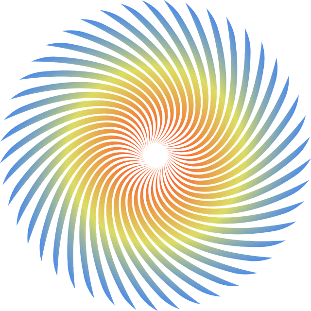 a colorful spiral design on a black background, an illustration of, inspired by Konrad Klapheck, optical illusion, orange to blue gradient, perpetual motion machine, blue and yellow gradient, round iris