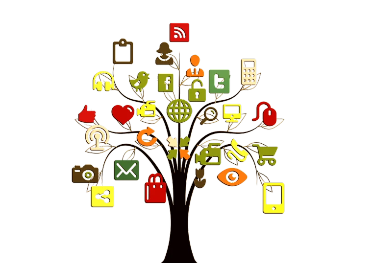 a tree with a lot of social icons on it, by Mirko Rački, pixabay, dada, slice of life”, iphone photo, pictoplasma, gold