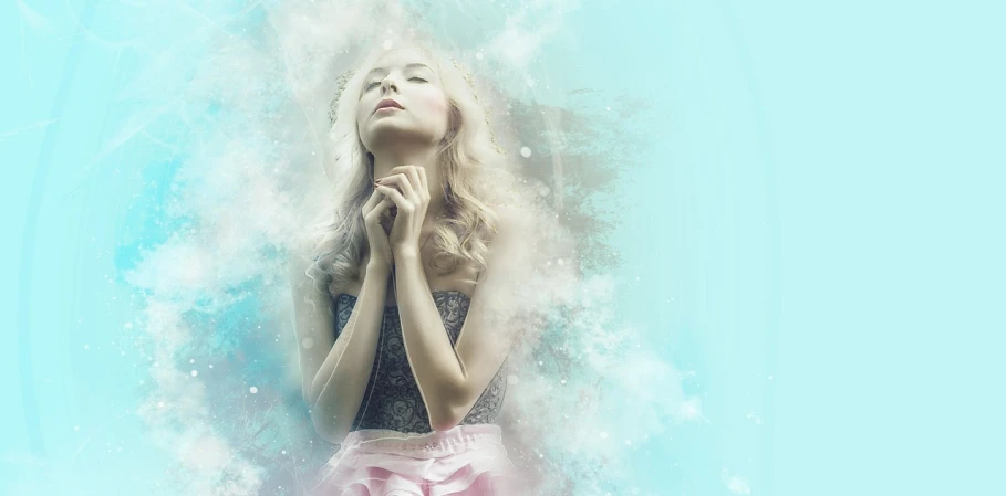 a woman standing in front of a blue background, digital art, inspired by Anna Dittmann, trending on pixabay, praying, beautiful blonde girl, magical sparkling colored dust, frozen