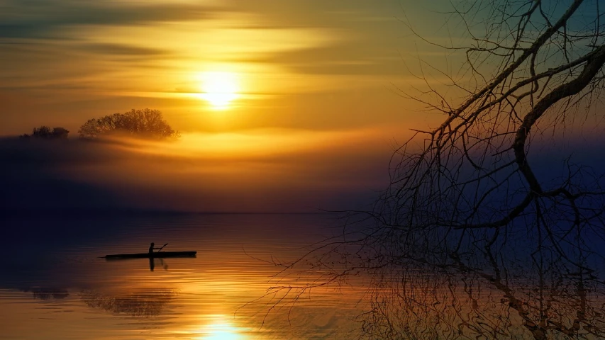 a person in a boat on a lake at sunset, a picture, inspired by Igor Zenin, shutterstock, yellow mist, sunset warm spring, beautiful iphone wallpaper, on the calm lake surface