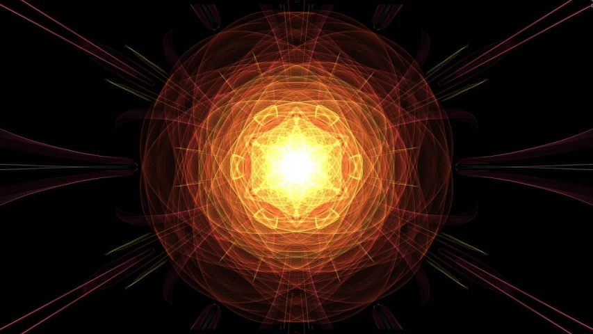a computer generated image of a light at the end of a tunnel, inspired by Konrad Klapheck, digital art, as the goddess of the sun, sacred geometry pattern, glowing magma sphere, holy flame crown spell