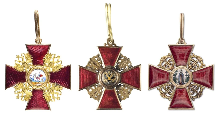 a close up of three medals on a white background, inspired by Vladimir Borovikovsky, fine art, red jewelry, presidential cross, pendant, setting