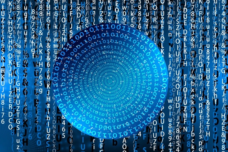 a blue circle surrounded by numbers on a blue background, computer art, matrix code, words, vector background, jewel