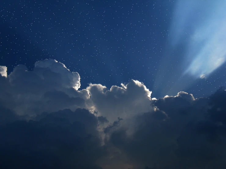 there is a plane that is flying in the sky, a picture, by Hans Schwarz, light and space, moonlight god rays, cumulus, star in the sky, dramatic lighting)))