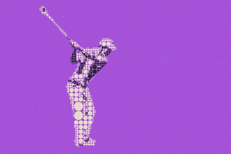 a man swinging a tennis racquet on a purple background, digital art, inspired by Shirley Teed, kinetic pointillism, halftone dots, wrx golf, detail, stencil