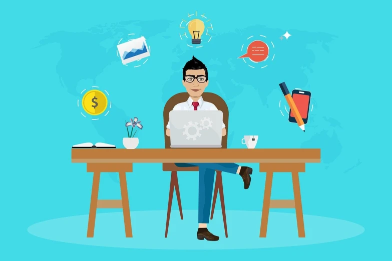 a man sitting at a desk with a laptop, vector art, shutterstock, conceptual art, busy background, 2 d cg, customers, with lots of text and icons