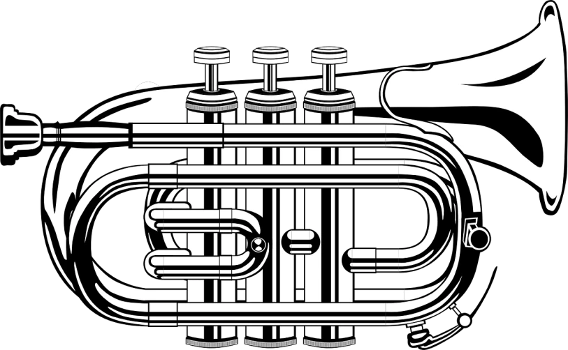 a black and white picture of a trumpet, lineart, inspired by Oskar Lüthy, featured on behance, funk art, with big chrome tubes, no - text no - logo, phone background, 4 k detail