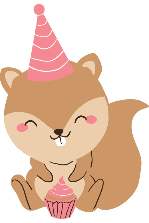 a cartoon squirrel wearing a party hat and holding a cupcake, an illustration of, figuration libre, cute fox, birthday party, [[[[grinning evily]]]], n4