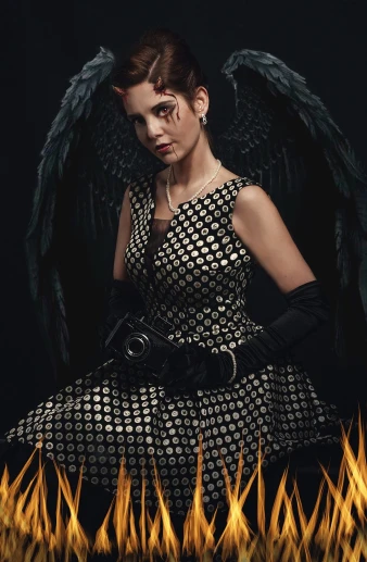 a woman in a dress sitting in a field of fire, a portrait, inspired by Hedi Xandt, gothic art, emma watson as black canary, with real wings, in style of caravaggio, woman in a dark factory