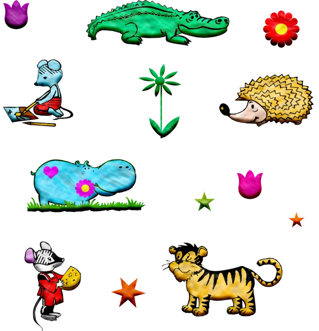 a group of cartoon animals on a black background, a screenshot, digital art, good lighted photo, gardening, phone photo, high contrast illustration