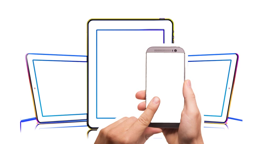 a close up of a person holding a cell phone, a digital rendering, pixabay, computer art, white borders, many computer screens, product introduction photo, istockphoto