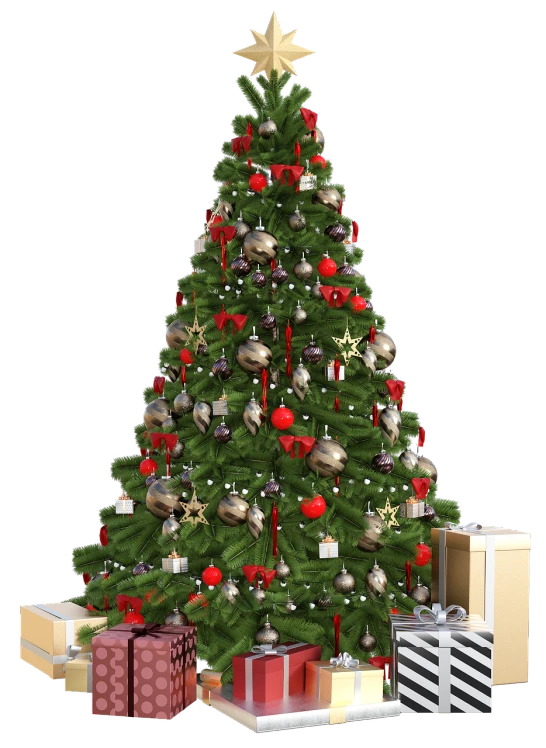 a christmas tree with presents around it, a raytraced image, by Aleksander Gierymski, pexels, realism, high detail 8 k, front facing shot, decorated ornaments, 3/4 view realistic