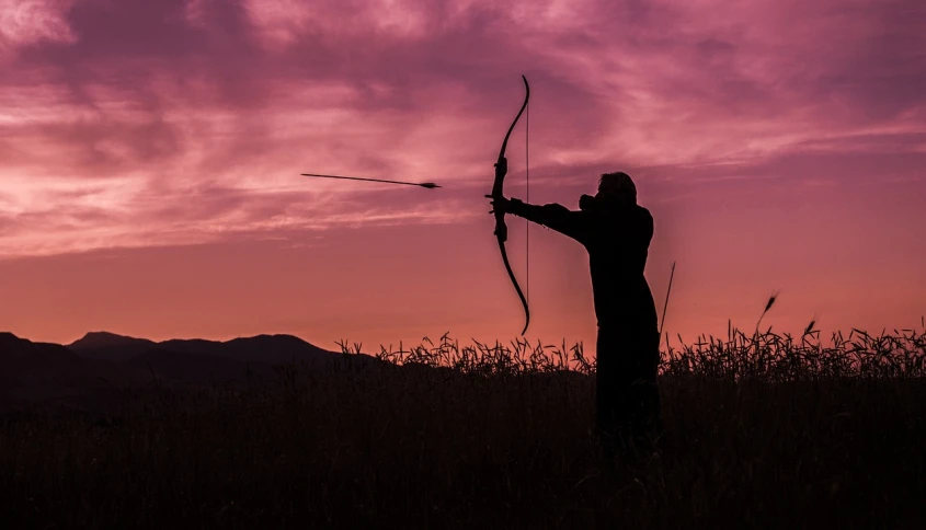 a man standing in a field holding a bow and arrow, pexels contest winner, pink sunset, also known as artemis or selene, profile picture, night-time