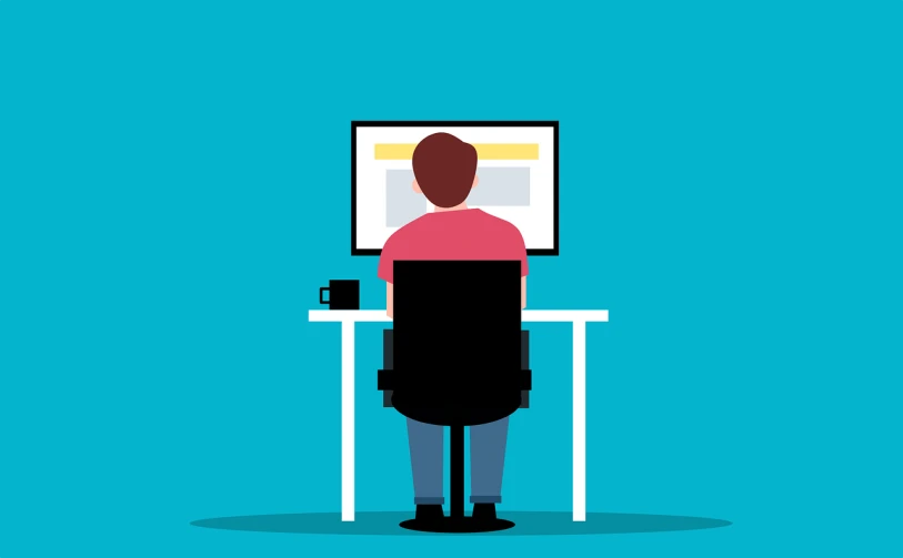 a person sitting at a desk in front of a computer, shutterstock, computer art, flat color, long shot from back, detailed picture, solid background