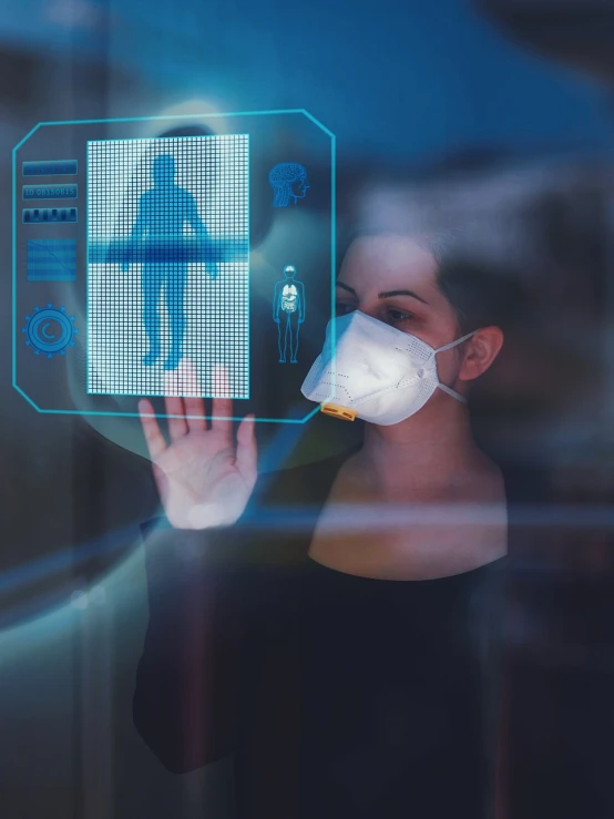 a close up of a person wearing a face mask, a hologram, shutterstock, holography, whole body in frame, stock photo, medical research facility, digital screens on the walls