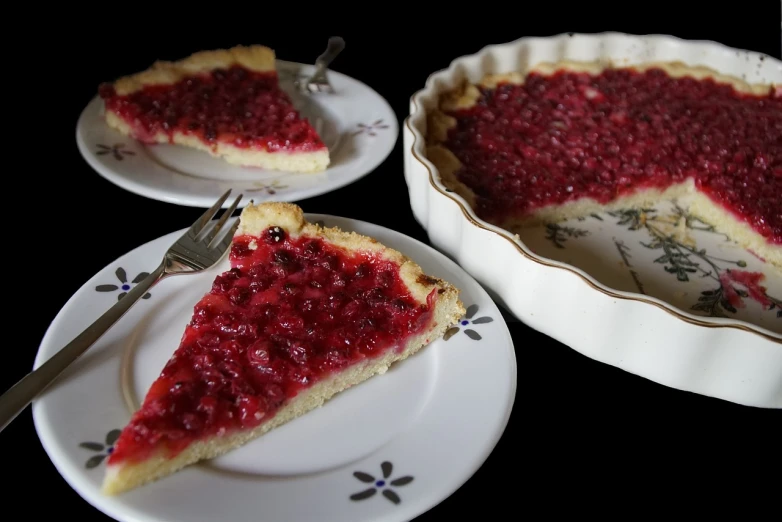 a piece of pie sitting on top of a white plate, inspired by Josef Šíma, pixabay, hurufiyya, submerged in cranberries, trio, bottom angle, looking from side