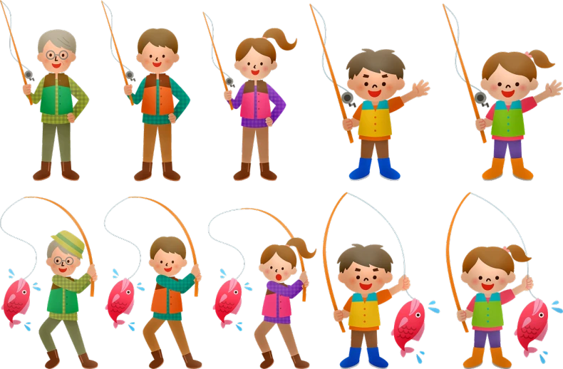 a group of people standing next to each other holding fishing rods, a digital rendering, by Taiyō Matsumoto, trending on pixabay, mingei, spritesheet, boy and girl, on black background, warm and joyful atmosphere