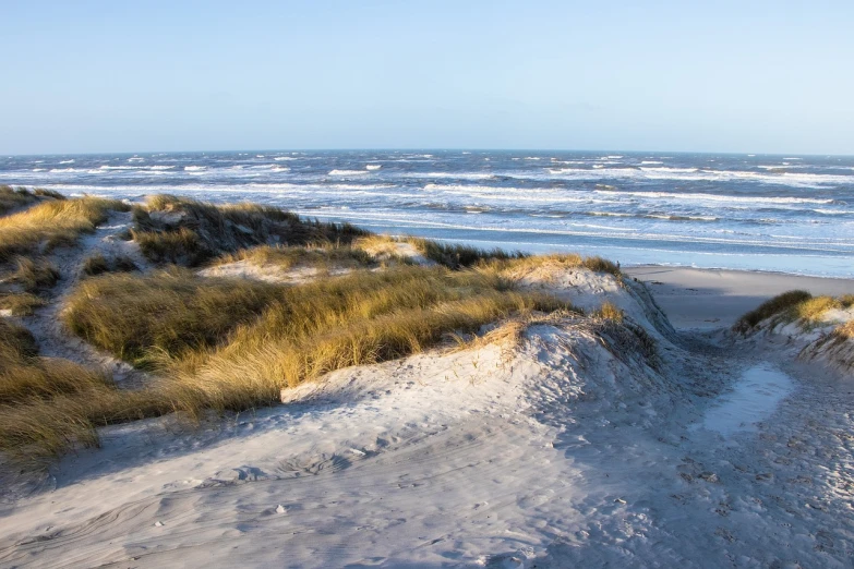 a person riding a surfboard on top of a sandy beach, by Karl Hagedorn, pixabay, baroque, snow dunes, oland, panorama, high res photo