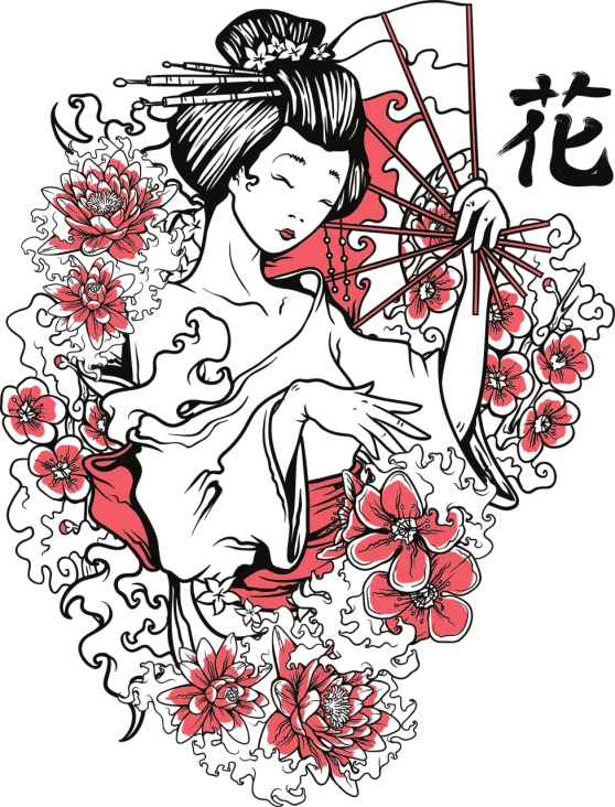 a woman in a kimono is holding an umbrella, vector art, inspired by Takato Yamamoto, deviantart, body covers with neon flowers, red on black, t-shirt design, japanese flower arrangements