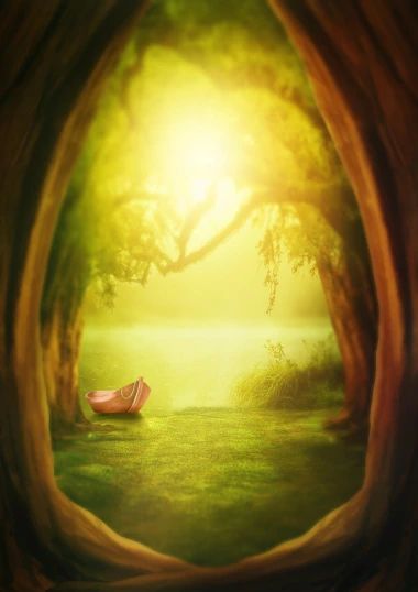 a red boat sitting on top of a lush green field, inspired by Henri Biva, fantasy art, bokeh forest background, dream portal, golden hour photo, humans sleeping in healing pods