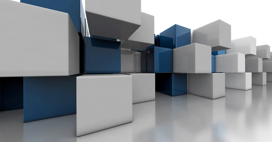 a group of white and blue cubes in a room, a 3D render, flickr, modern architecture design, open wall architecture, stacked buildings, lacquered glass