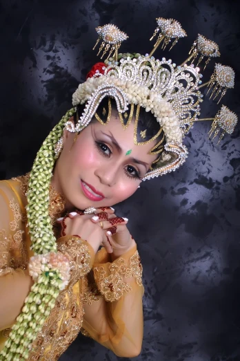 a close up of a person wearing a costume, a picture, sumatraism, elegant smiling pose, portait photo