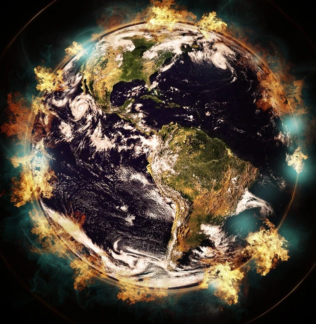 a picture of a picture of the earth on fire, digital art, by Jakob Gauermann, shutterstock, digital art, circular, full figured mother earth, very very well detailed image, terragen