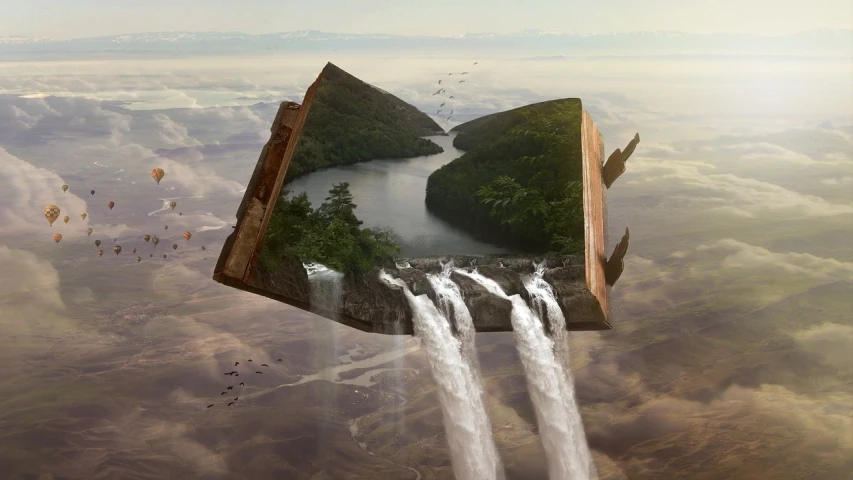 a picture of a waterfall in the sky, by Alexander Kucharsky, tumblr, surrealism, big open book, flying islands, iphone wallpaper, droste effect