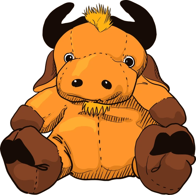 a close up of a stuffed animal on a black background, a digital rendering, cartoonish vector style, minotaur, orange fluffy belly, toy photo