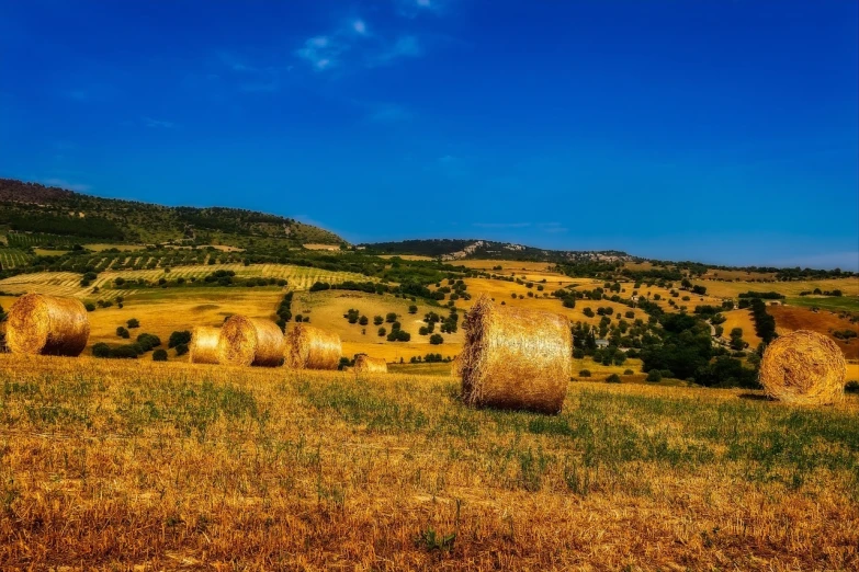 hay bales in a field with hills in the background, a picture, trending on pixabay, renaissance, apulia, blue and white and gold, hdr photography, fibanci background