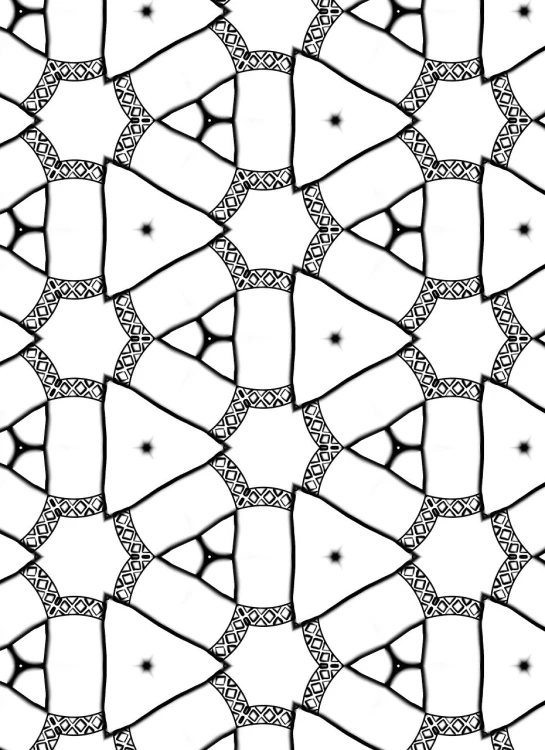 a black and white drawing of a pattern, inspired by Buckminster Fuller, fractal ceramic armor, terrazzo, 8 khd, with gradients