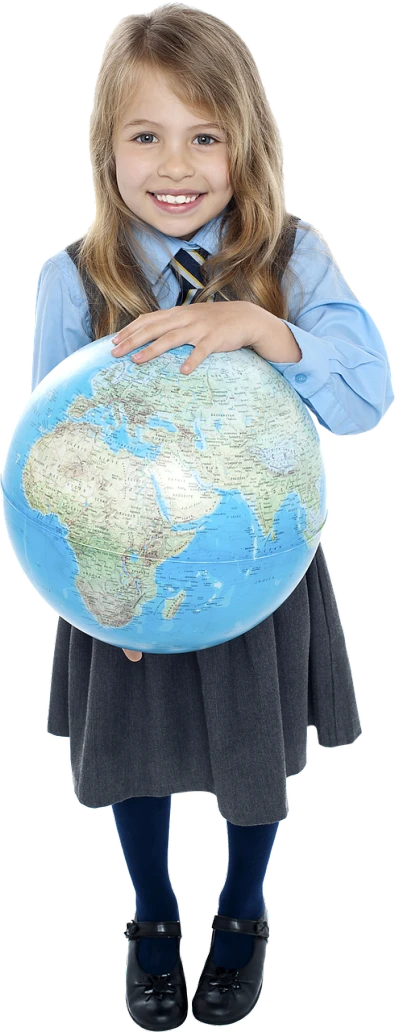 a girl in a school uniform holding a globe, by Kurt Roesch, pixabay, bottom angle, istockphoto, stock footage, continents