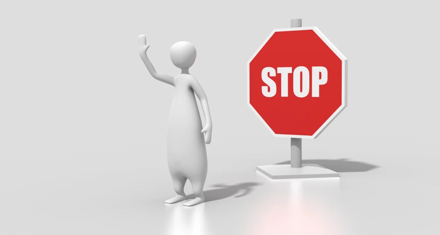 a person standing next to a stop sign, by Andries Stock, pixabay, 3 ds max, with pointing finger, stock photo, message