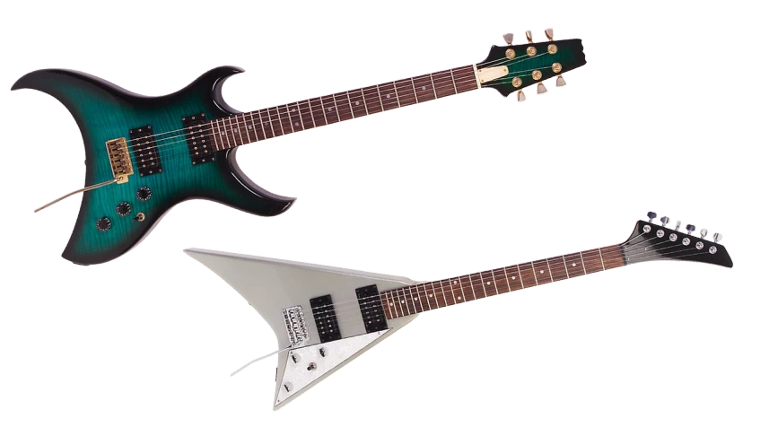 two electric guitars sitting side by side on a black background, inspired by Ren Bonian, dark emerald mist colors, dio, white and teal metallic accents, front back view and side view