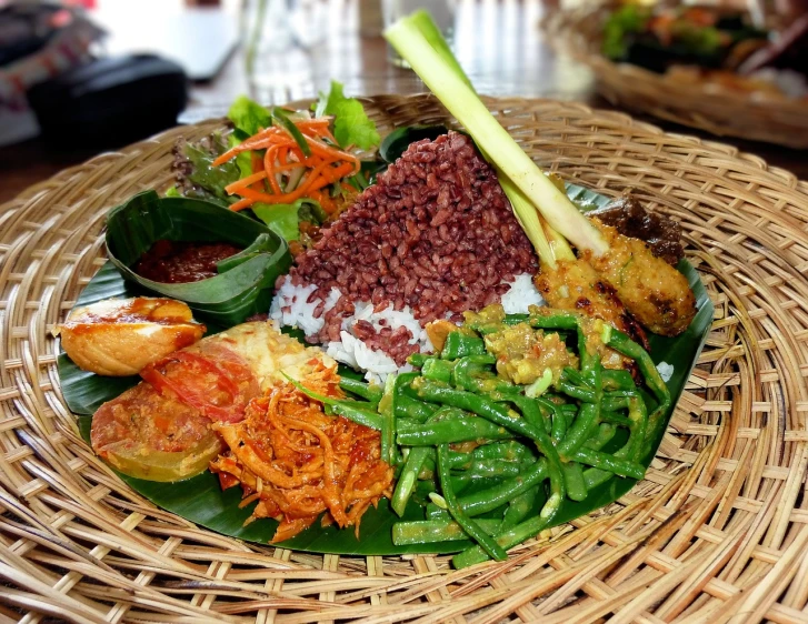 a close up of a plate of food on a table, inspired by I Ketut Soki, hurufiyya, avatar image, market, appetizing, ground broken