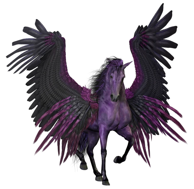 a purple horse with black wings on a black background, a raytraced image, renaissance, ingame image, ophanim has bird wings, an epic majestical degen trader, purple and pink