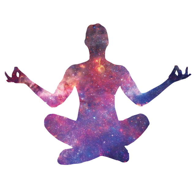 a man sitting in the middle of a yoga pose, by Robert Koehler, shutterstock, metaphysical painting, on a flat color black background, in a galaxy, fully body photo