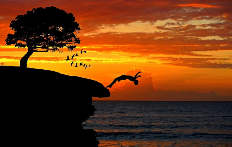 a person jumping off a cliff into the ocean, a photo, by Ken Elias, figuration libre, sunset with falling leaves, silhouette, icarus, !!award-winning!!