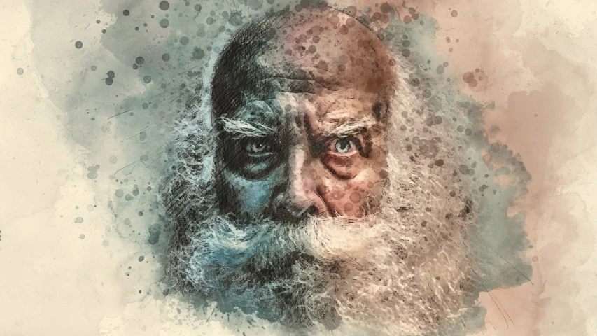 a painting of a man with a long beard, a digital painting, process art, watercolor effect, the look of an elderly person, man portrait made out of ice, intense expression