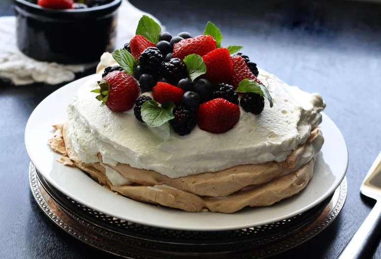 a cake sitting on top of a white plate, inspired by Wlodzimierz Tetmajer, berries, magnolia, delicious food, usa