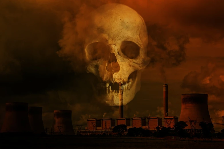 a picture of a skull with smoke coming out of it, by Wayne England, shutterstock, nuclear art, chemical plant, an ecological gothic scene, 2 0 2 2 photo, stock photo